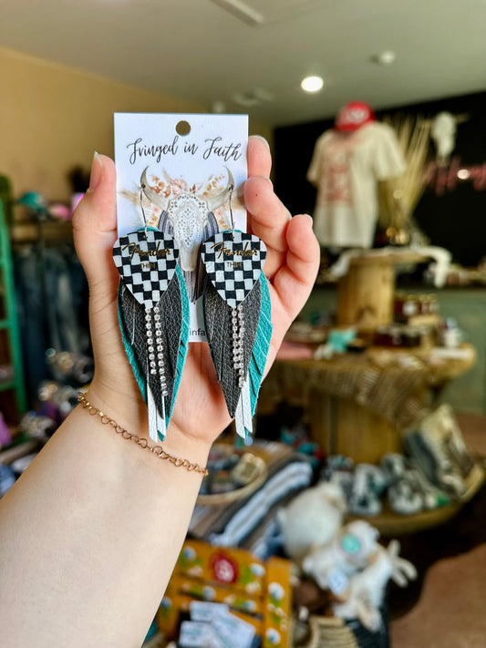 LEATHER EARRINGS (CHECKER TURQUOISE) BY FRINGED IN FAITH