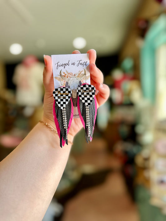 LEATHER EARRINGS BY FRINGED IN FAITH (checkered pink)