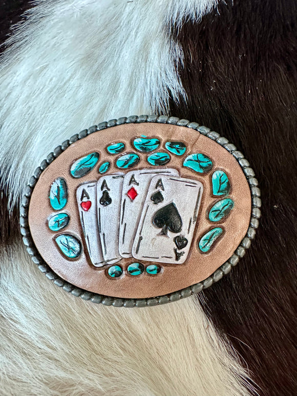 LEATHER PLAYING CARDS BELT BUCKLE