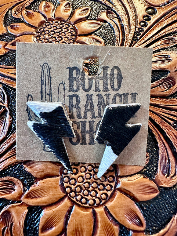 COW HIDE LIGHTING BOLT EARRINGS  #3