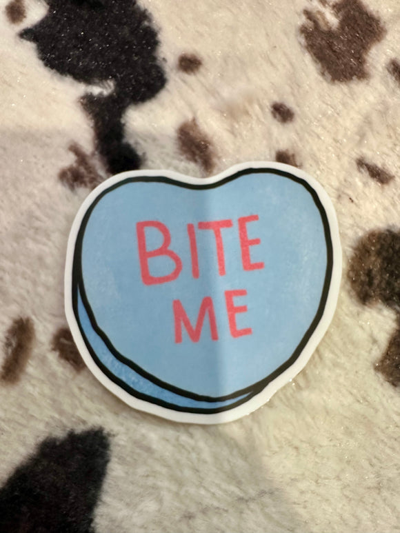 'Bite Me' slogan text heart shaped blue ticker