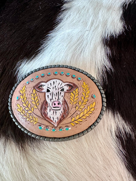 LEATHER COW BELT BUCKLE